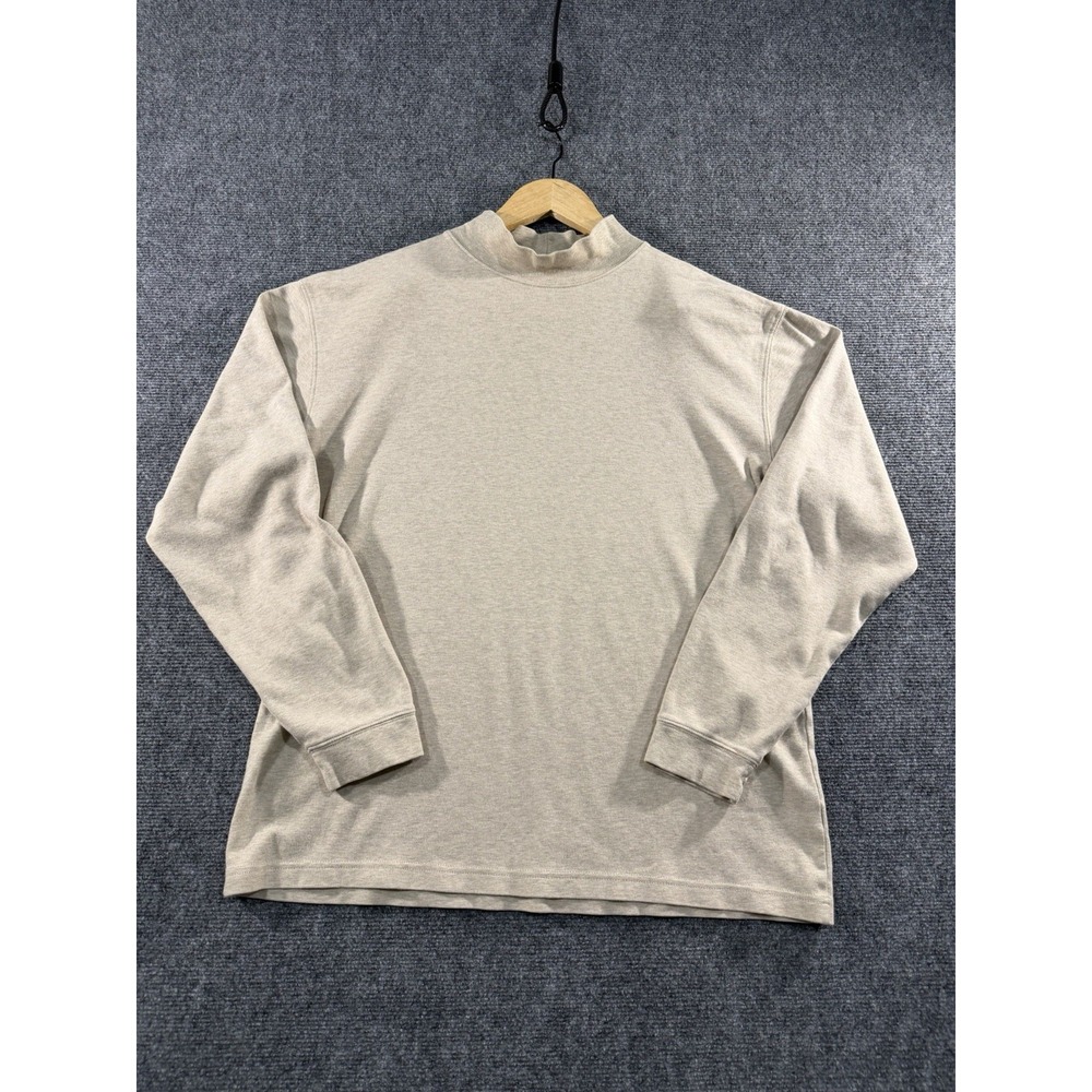 LL Bean Mens Mock Neck Long Sleeve Shirt Tan Beige Brown 100% Cotton Large